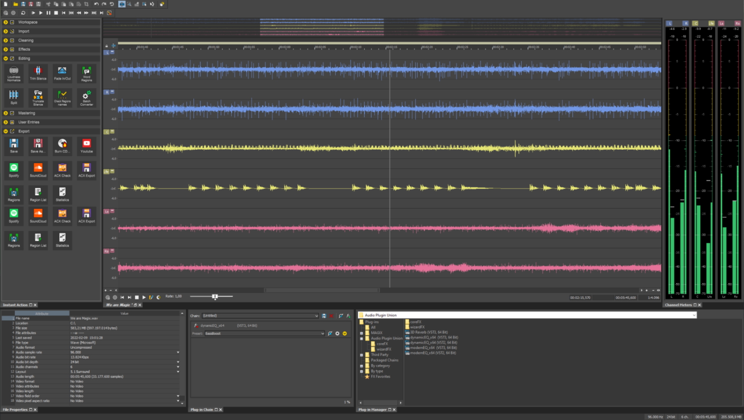 Рабочее окно SOUND FORGE Pro 18 с аудиоволнами и панелями обработки
