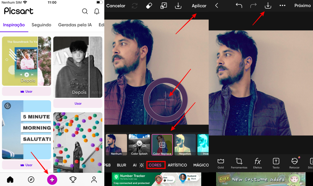 Мобильный интерфейс Picsart с эффектом Color Replace и настройками Hue