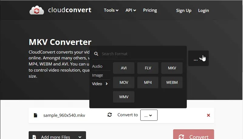 Интерфейс CloudConvert с загруженным MKV и выбором целевого формата