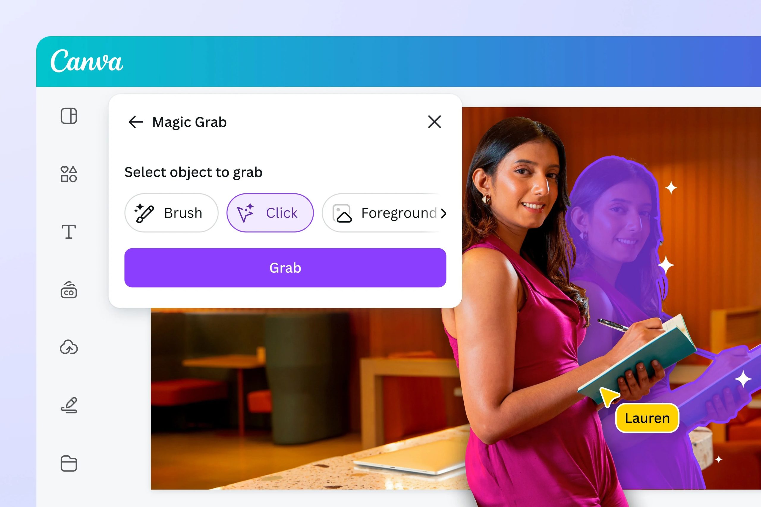 Интерфейс Canva Magic Grab с выделением человека на фотографии