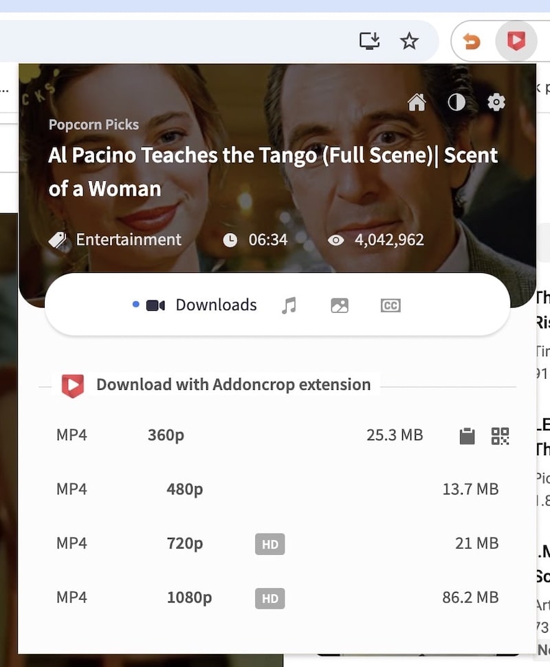 Меню Addoncrop YouTube Video Downloader с вариантами MP4 360p, 480p и 720p