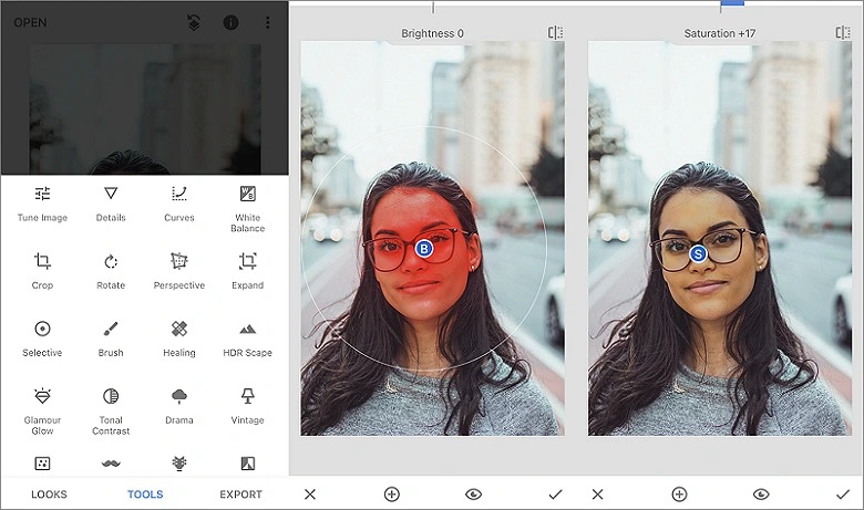 Selective в Snapseed с локальной настройкой насыщенности лица