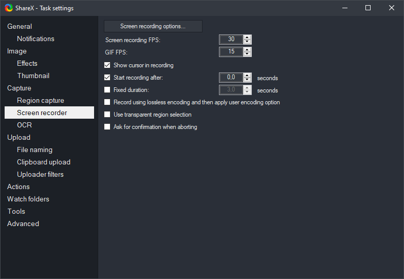Настройки Screen recorder в ShareX с отдельными значениями Screen recording FPS и GIF FPS