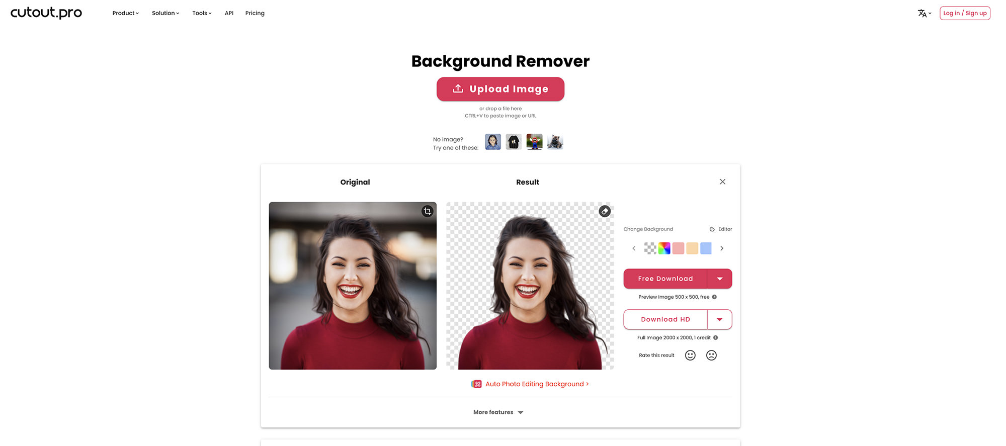 Интерфейс Cutout.pro Background Remover с исходным портретом и прозрачным результатом