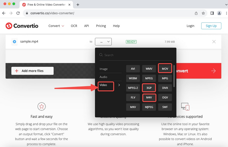Веб-интерфейс Convertio с загруженным MP4 и меню выбора выходного видеоформата