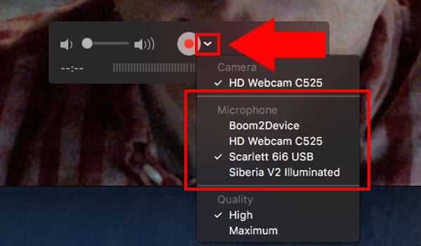 Меню выбора камеры микрофона и качества в QuickTime Player