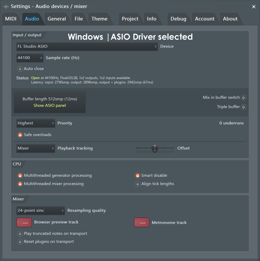Настройки Audio в FL Studio для Windows с выбранным ASIO-драйвером