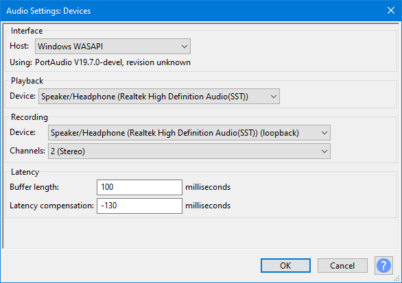 Настройки Audacity с Windows WASAPI и loopback устройством записи
