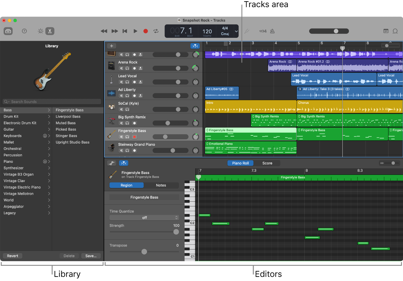 Интерфейс GarageBand на Mac с дорожками и областью аранжировки
