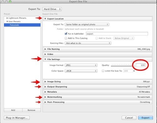 Окно экспорта Adobe Lightroom с настройками JPEG