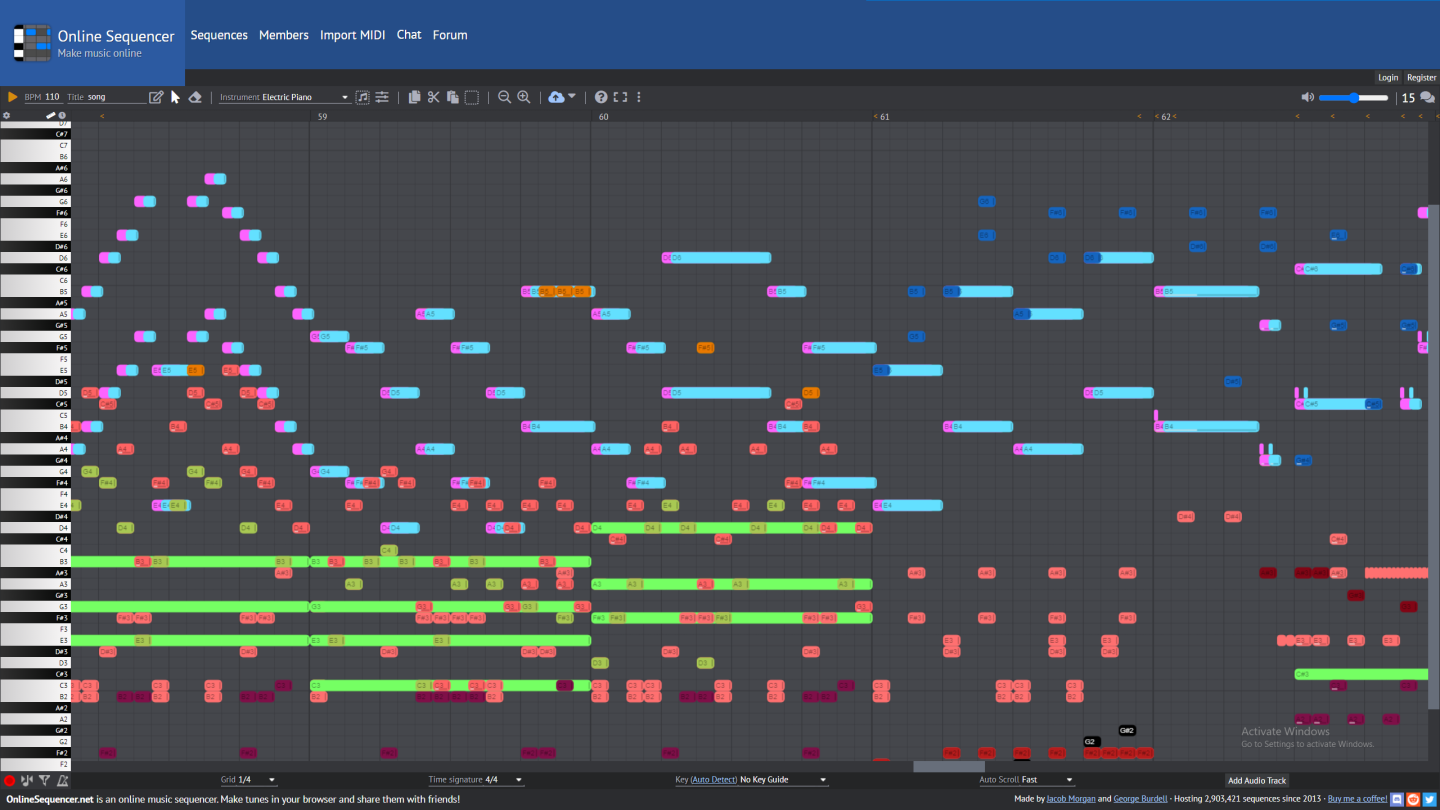 Online Sequencer с цветными MIDI-нотами в большом пиано-ролле