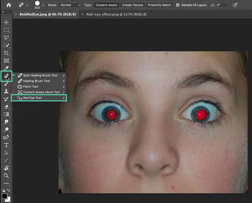 Adobe Photoshop с выбранным инструментом Red Eye Tool в группе восстанавливающих инструментов