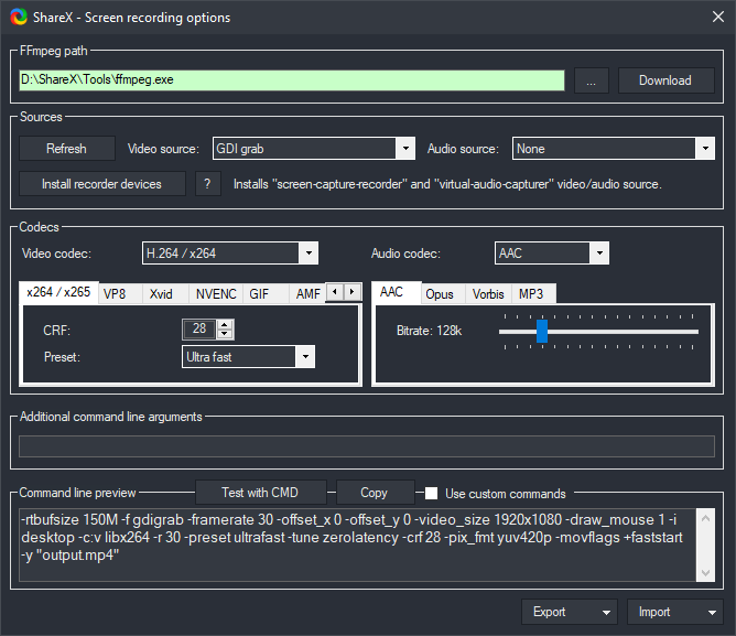 Окно параметров записи ShareX с путём к FFmpeg, источниками видео и аудио и настройками кодеков