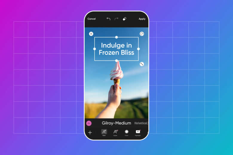 Веб-интерфейс Picsart с инструментом текста и панелью оформления