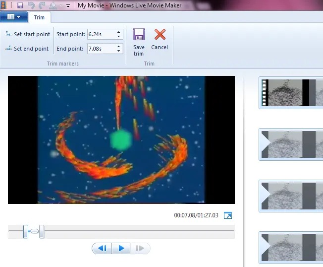 Инструмент Trim в Windows Live Movie Maker с полями начала и конца