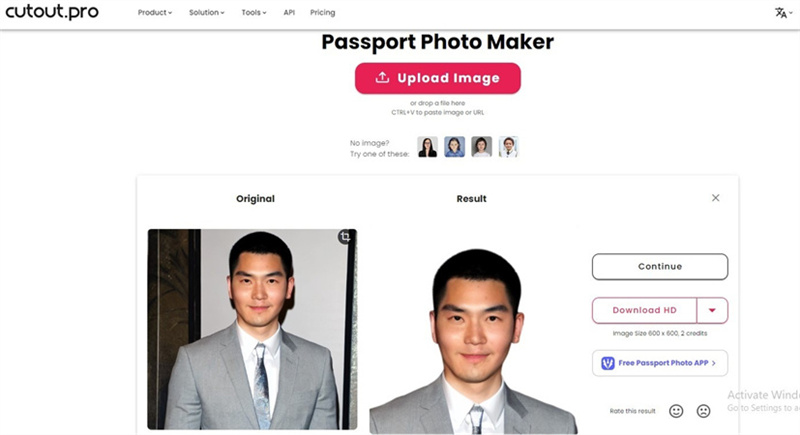 Интерфейс Cutout.Pro Passport Photo Maker