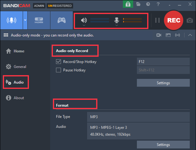 Настройки Audio Only в Bandicam с REC, F12 и форматом MP3