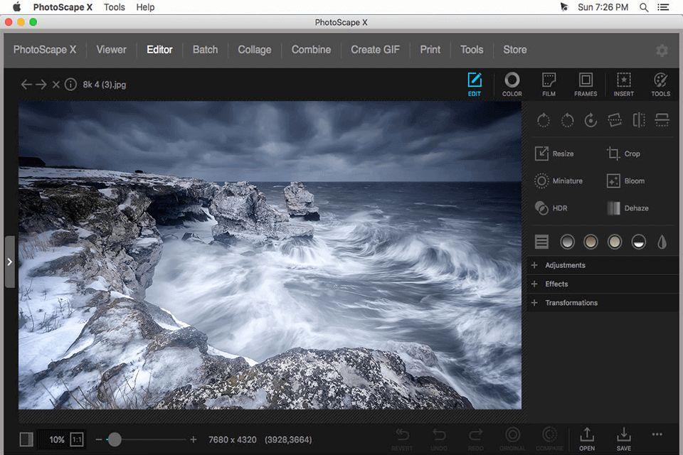 Интерфейс PhotoScape X с фотографией и панелью инструментов редактора