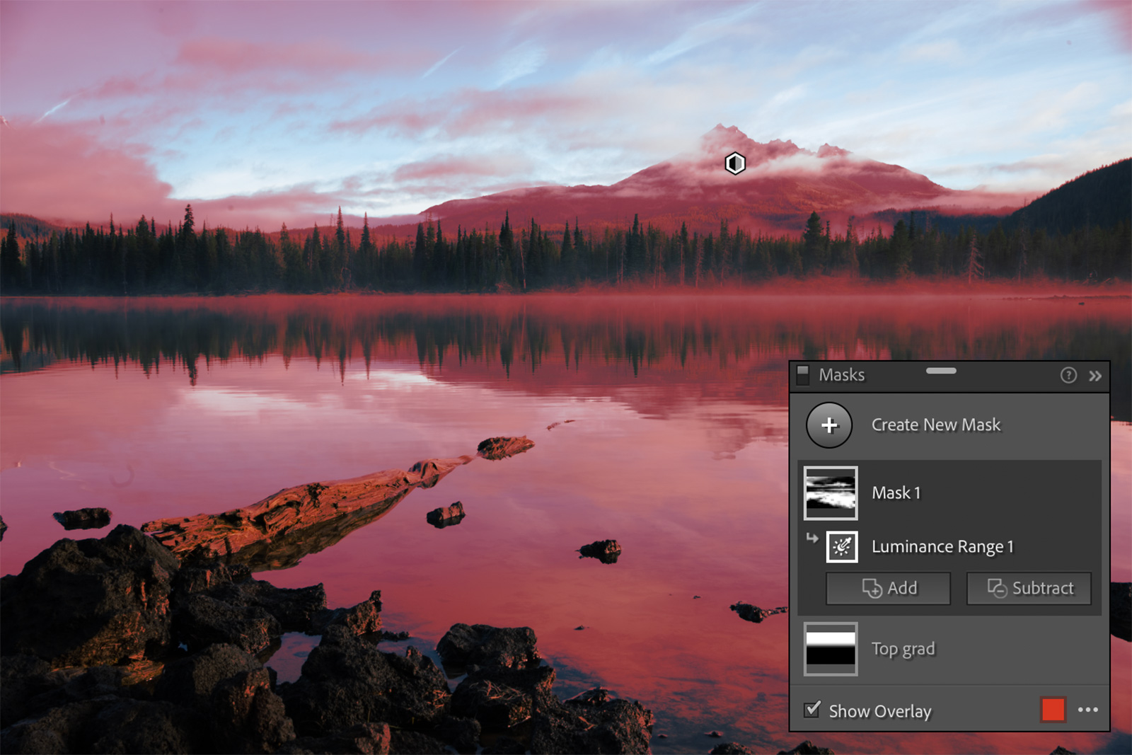 Панель масок Adobe Lightroom на горном пейзаже