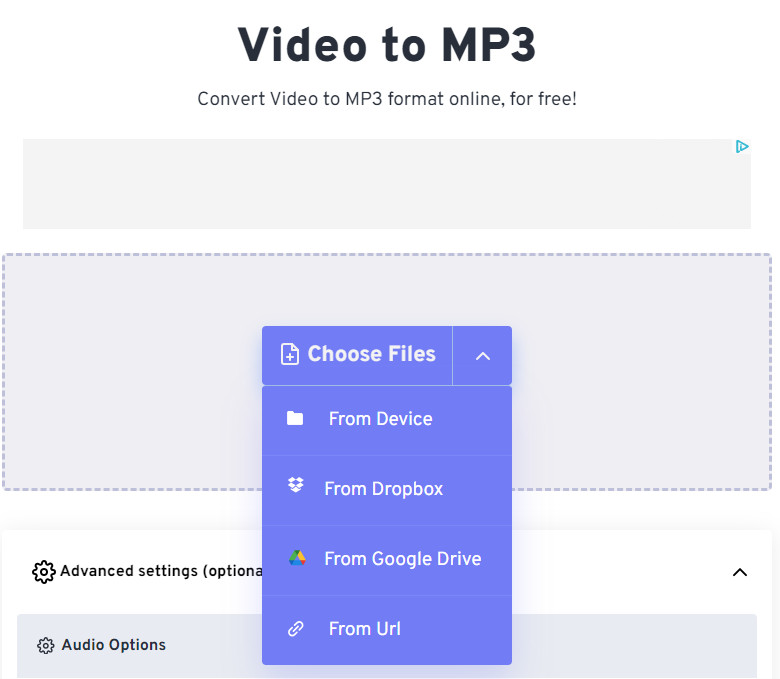 Страница FreeConvert Video to MP3 с загрузкой видео и запуском конвертации