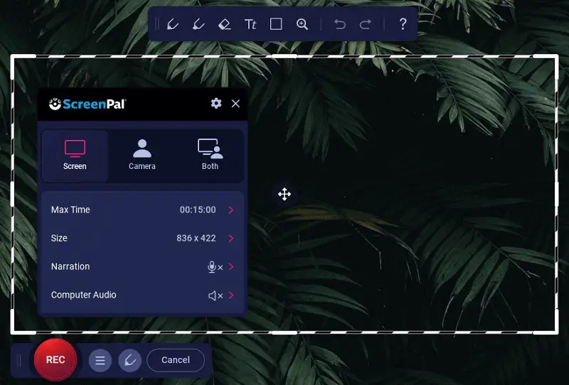 Интерфейс ScreenPal с областью захвата экрана, настройками камеры и звука