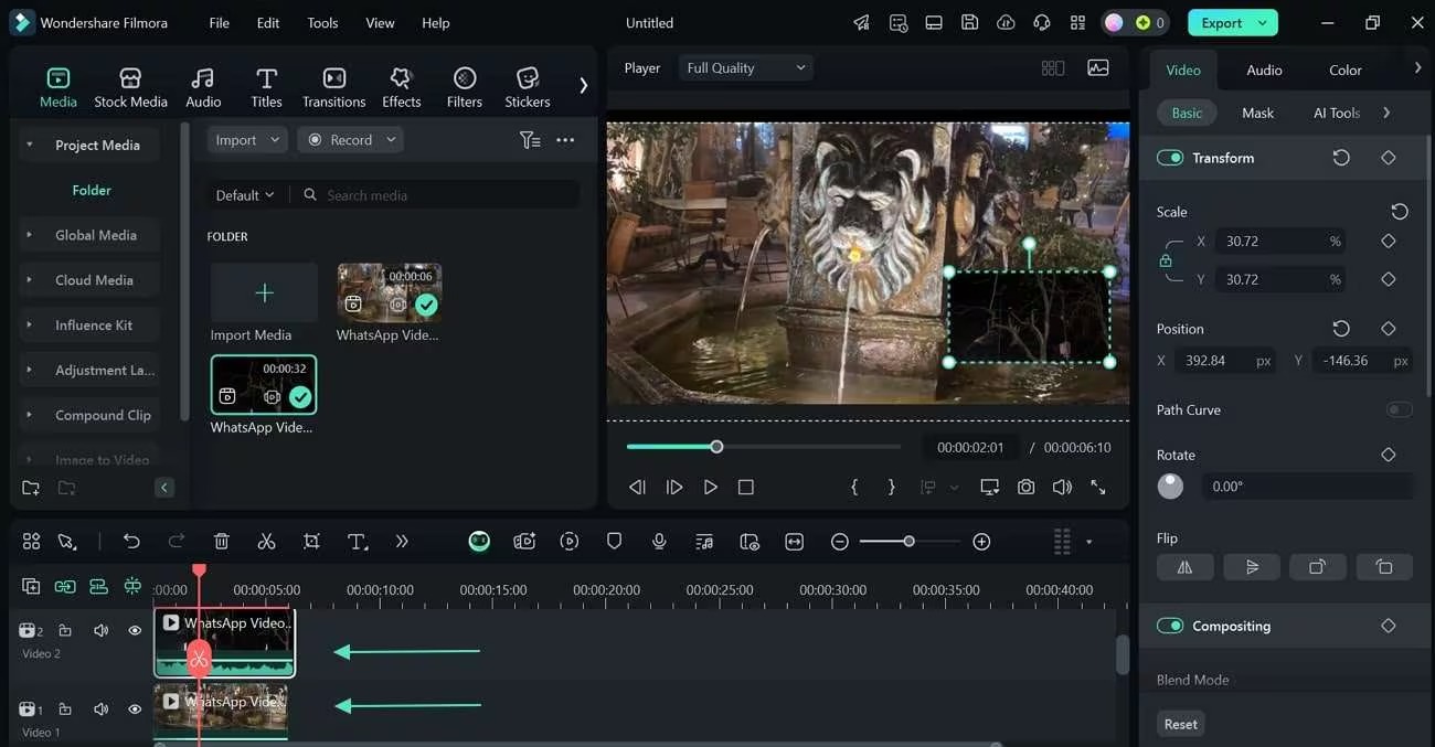 Два видеослоя Picture in Picture в интерфейсе Wondershare Filmora