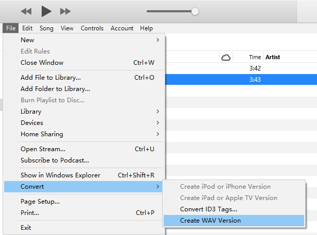 Команда Create WAV Version в меню Convert программы iTunes