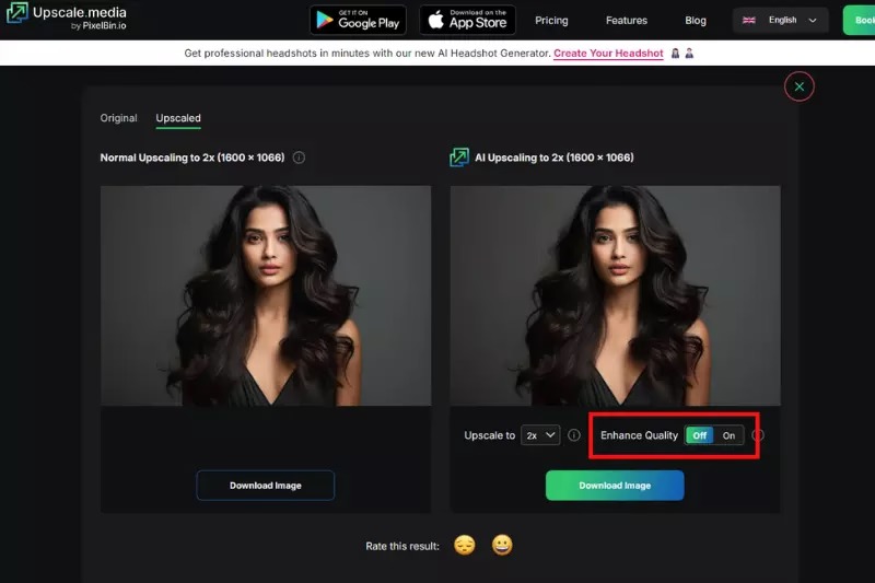 Интерфейс Upscale.media с выбором коэффициента увеличения и Enhance Quality