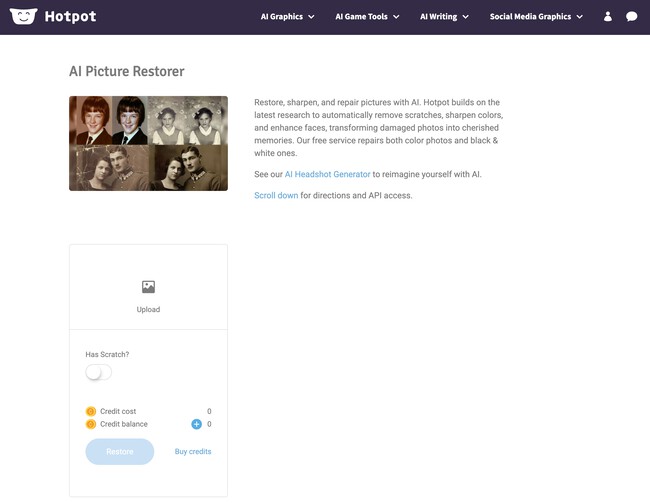 Интерфейс Hotpot AI Photo Restorer с загруженной старой фотографией