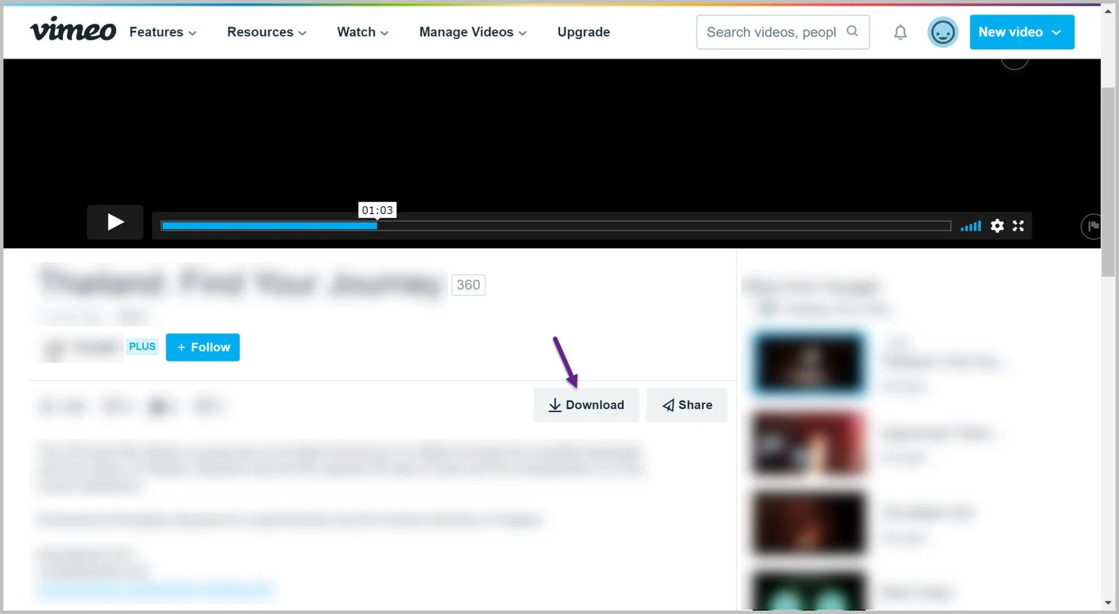 Страница Vimeo с кнопкой Download под плеером