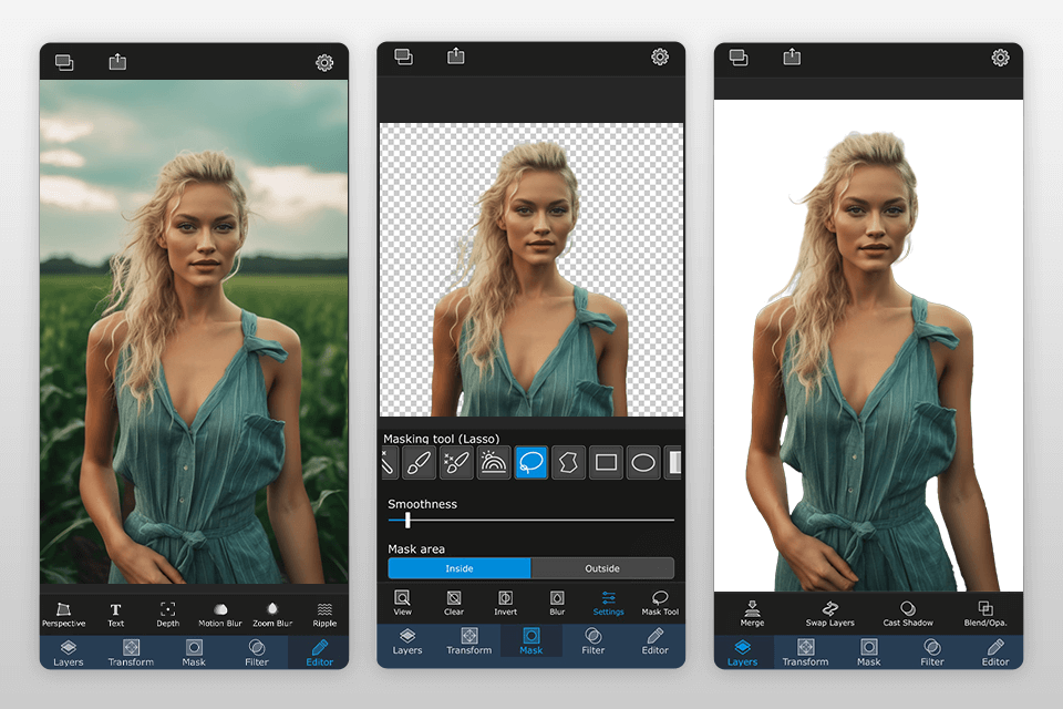 Интерфейс Superimpose с маской объекта и прозрачным фоном