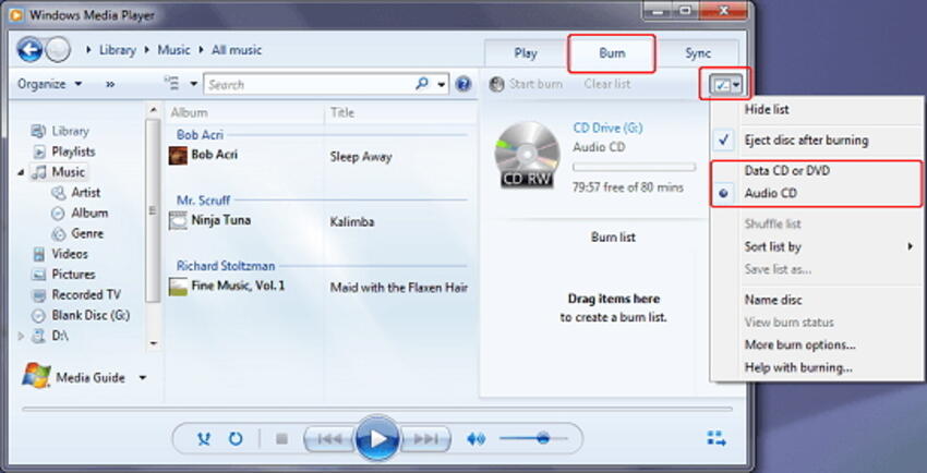 Вкладка Burn в Windows Media Player с выбором Data CD or DVD