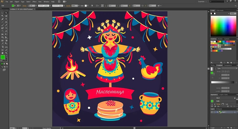 Интерфейс Adobe Illustrator с векторным макетом плаката