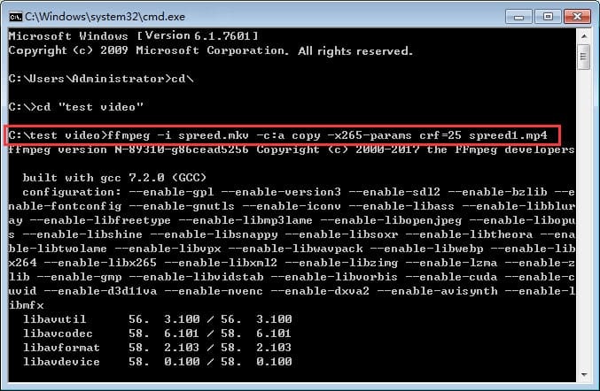 FFmpeg в командной строке Windows с параметрами кодирования x265