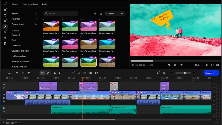 Интерфейс Movavi Video Editor с медиапанелью, предпросмотром и несколькими дорожками