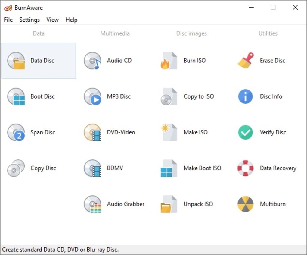 Главное окно BurnAware с проектами Data Disc, Audio CD, DVD-Video и ISO