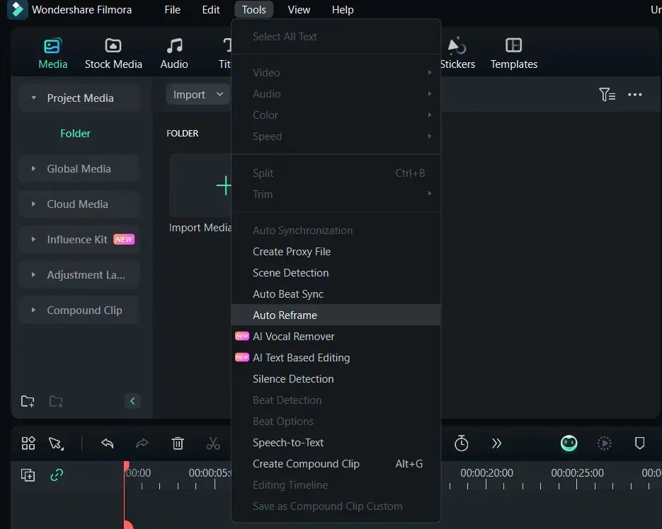 Меню Tools в Wondershare Filmora с пунктом Auto Reframe