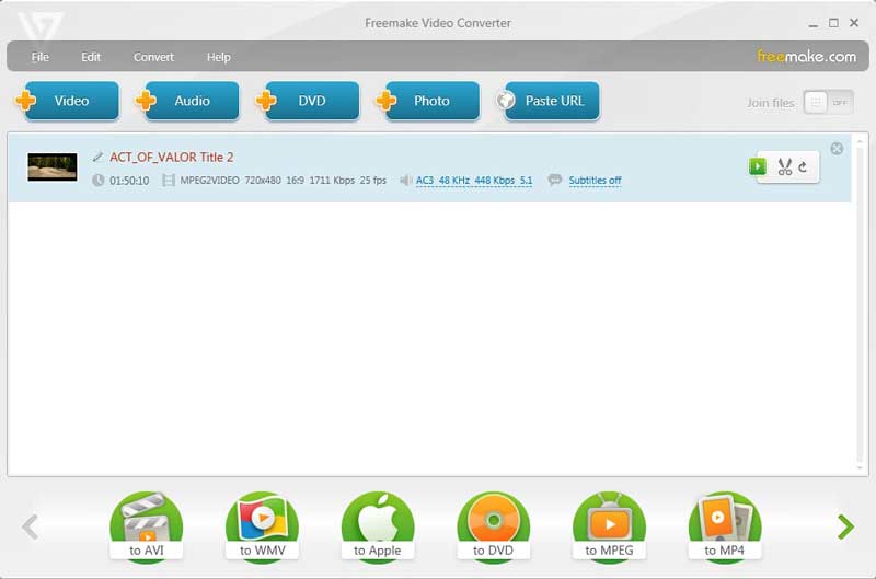 Freemake Video Converter с импортированным DVD title и кнопкой to MP4