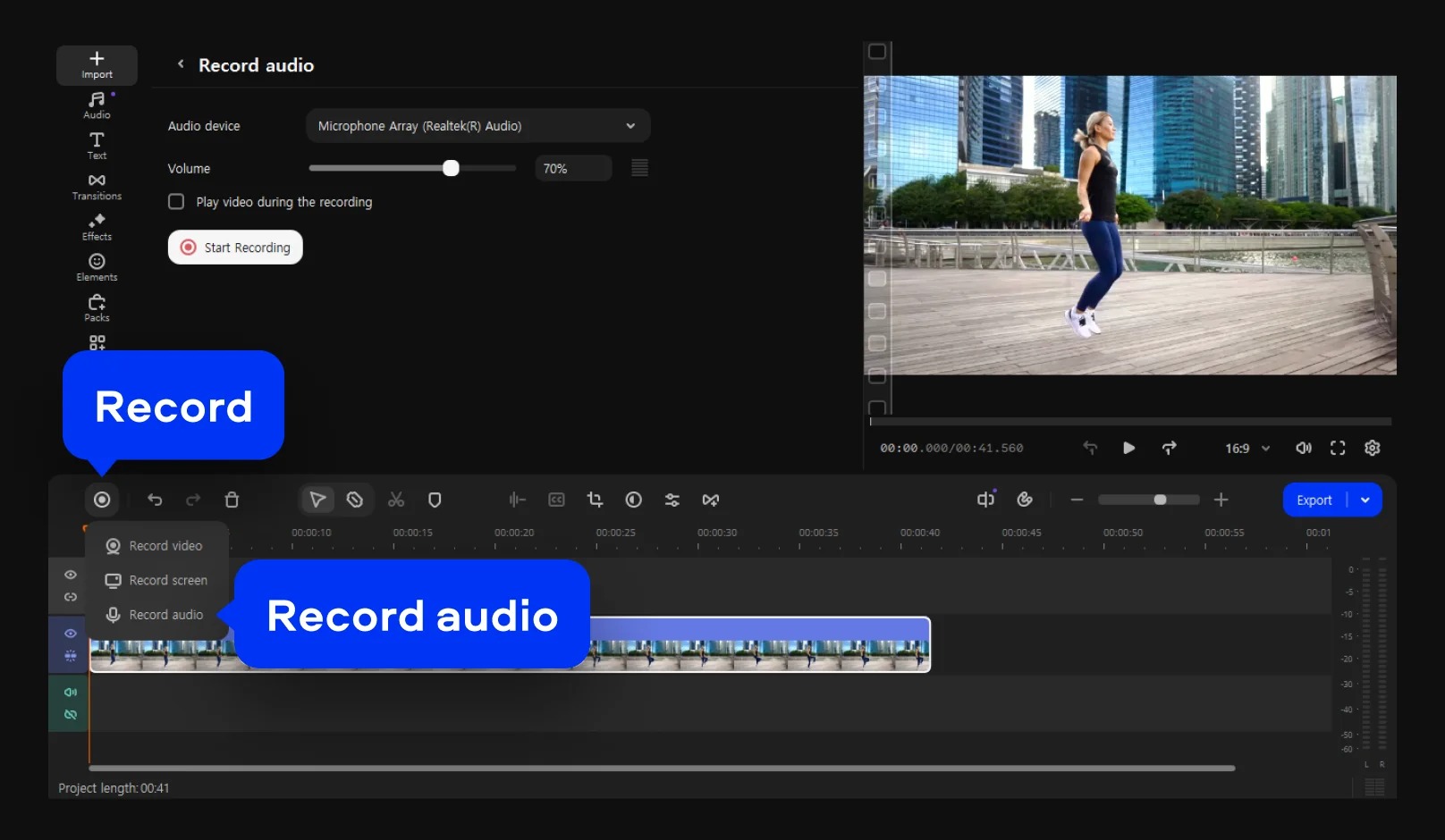 Панель Record audio в Movavi Video Editor и таймлайн видеопроекта