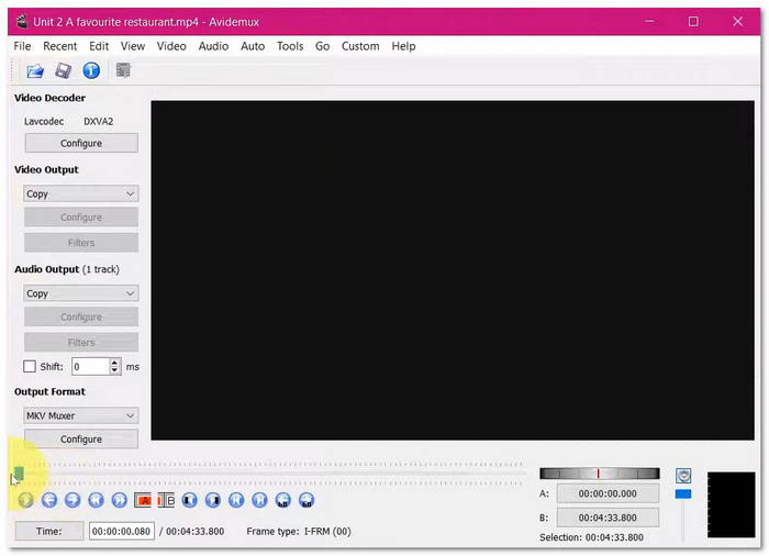 Интерфейс Avidemux с Video Output Copy, Audio Output Copy и MKV Muxer