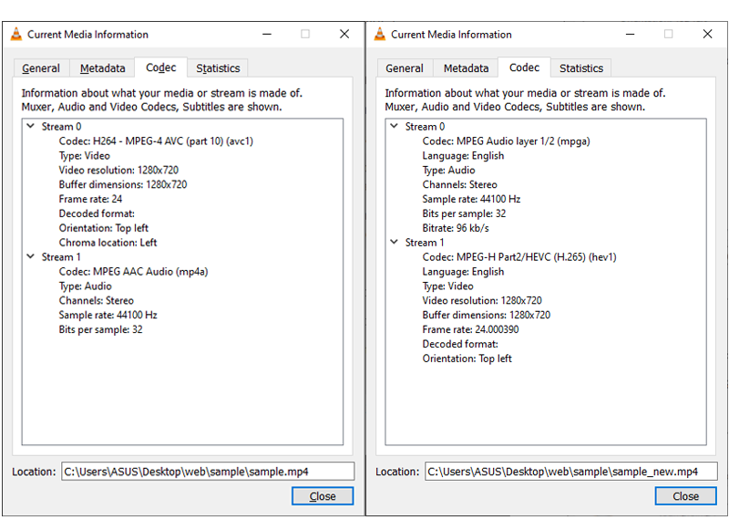 Окно VLC Codec Information с техническими параметрами медиапотока
