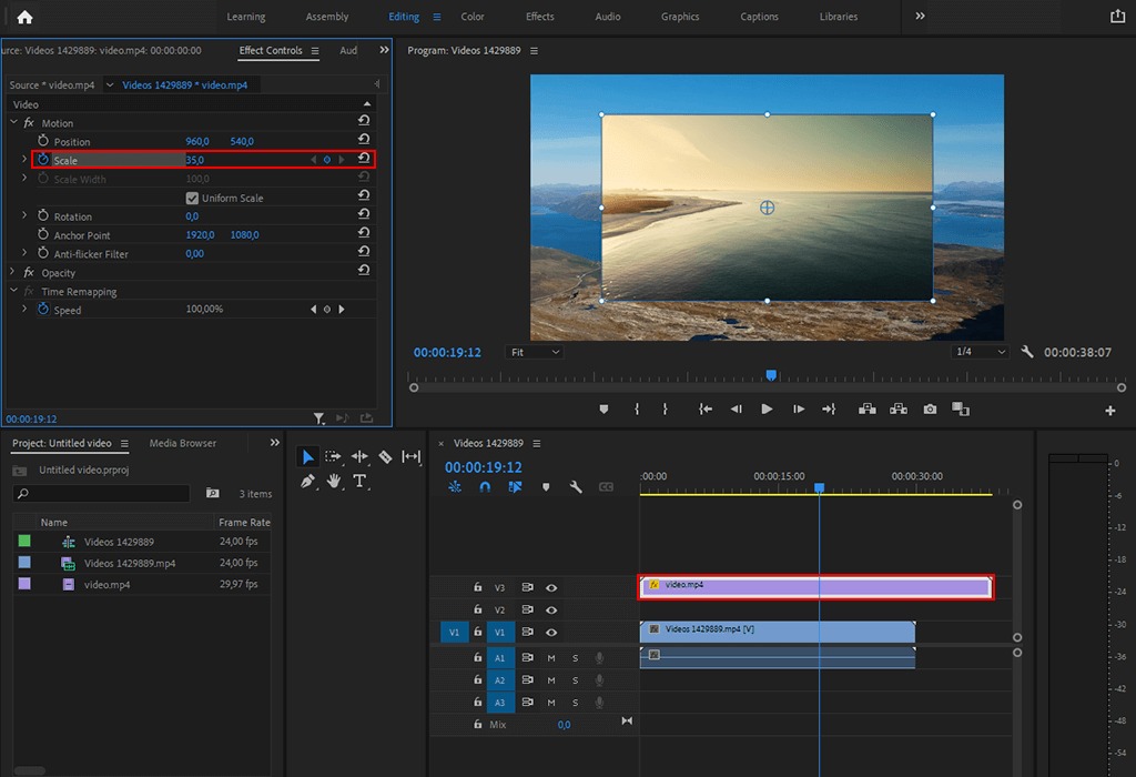 Параметры Scale и Position для Picture in Picture в Adobe Premiere Pro