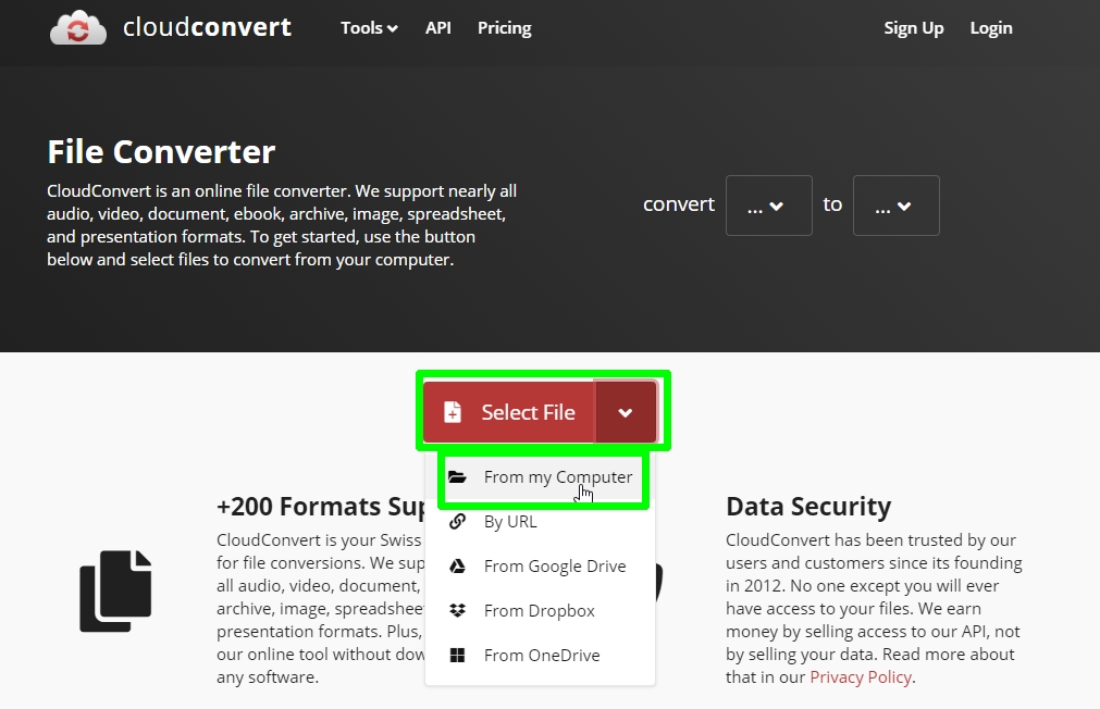 Интерфейс CloudConvert с меню Select File для выбора источника