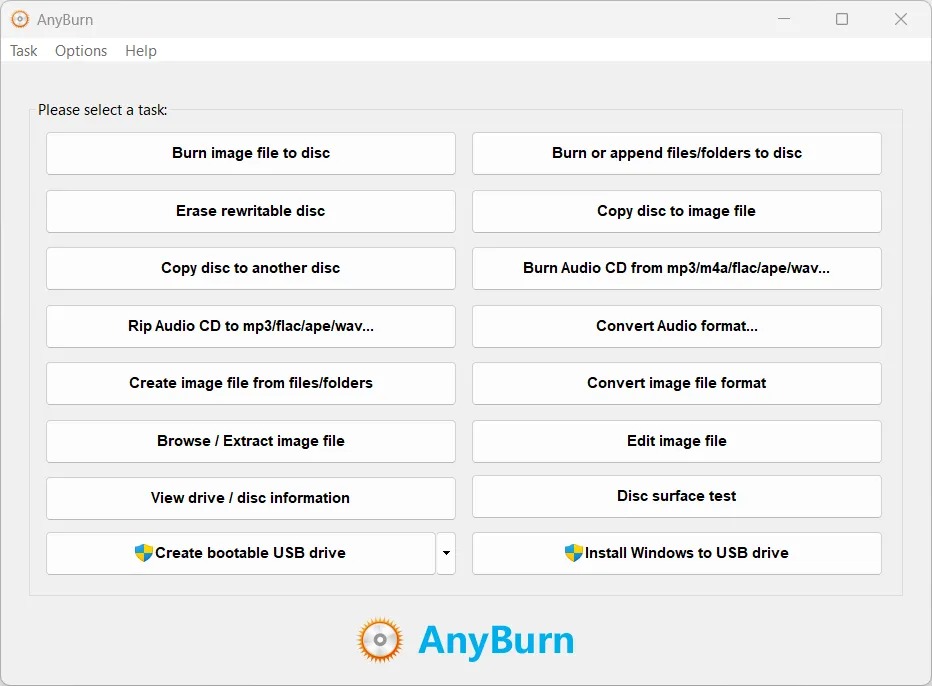 Главное окно AnyBurn с набором операций для дисков и образов