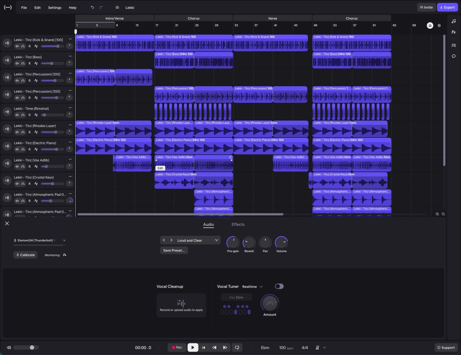 Soundtrap Studio с многодорожечной аранжировкой и панелью обработки