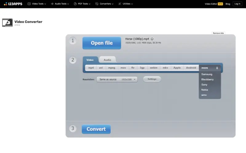 Интерфейс 123apps Video Converter для загрузки видео и выбора параметров