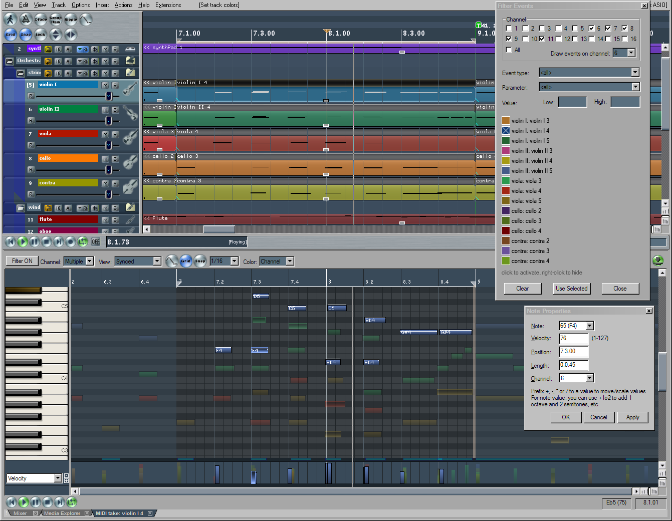 Интерфейс REAPER с несколькими дорожками и MIDI-редактором