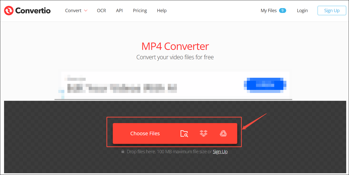 Интерфейс Convertio MP4 Converter с кнопкой загрузки видео