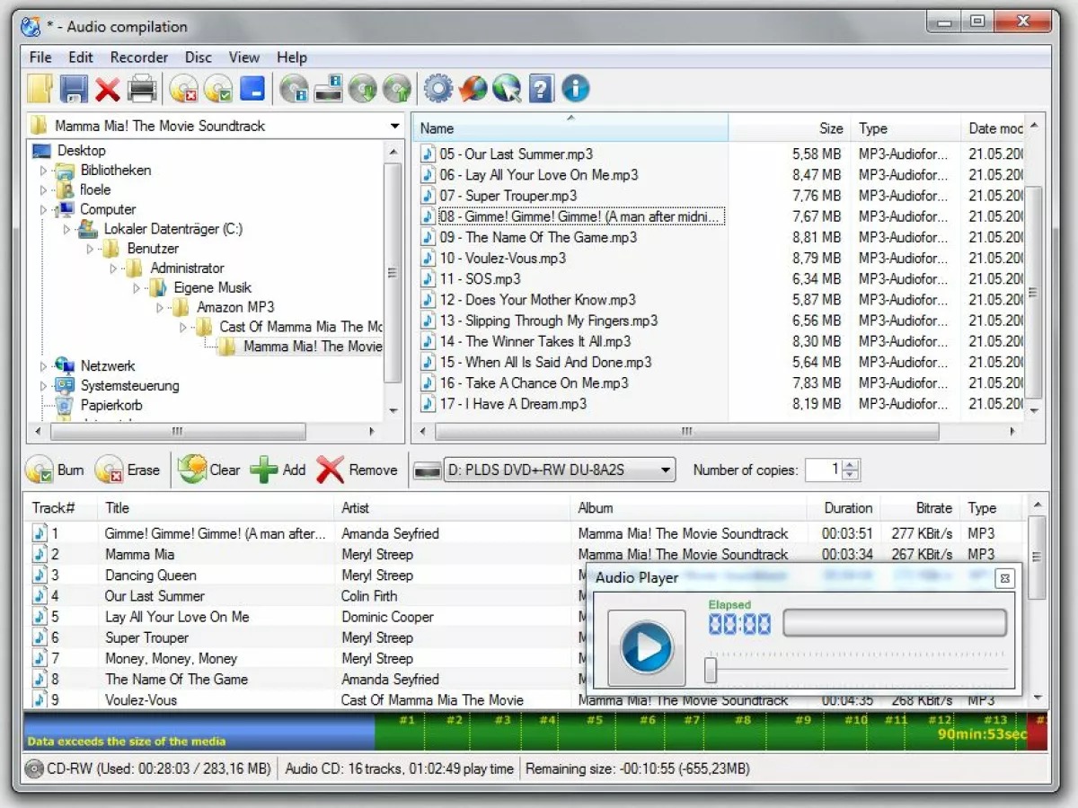Аудиокомпиляция CDBurnerXP со списком MP3 и шкалой заполнения