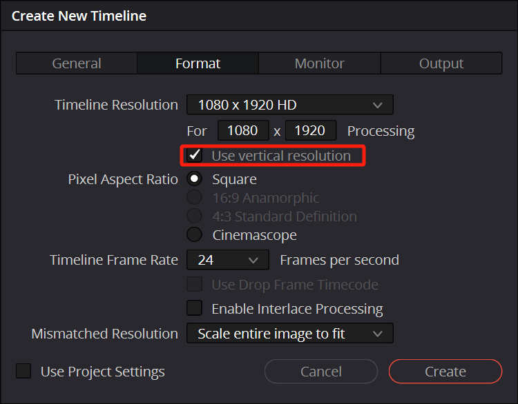 Настройки вертикального таймлайна 1080 на 1920 в DaVinci Resolve